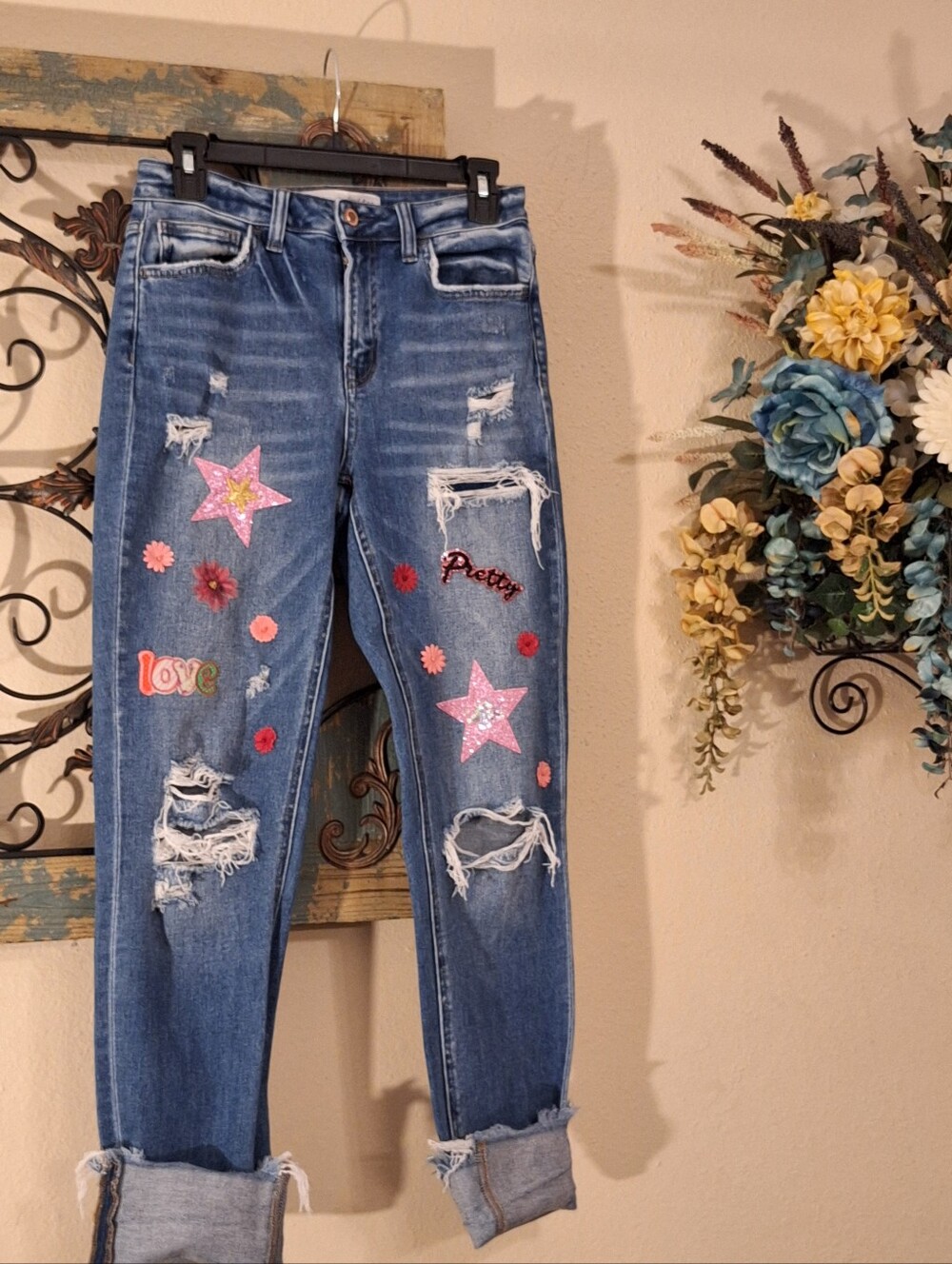 Reworked Upcycled Relaxed Boyfriend Jeans  Pink Star & Floral Appliqués Size 26